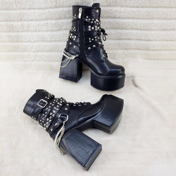 Power Stomper Black Chain Stud Strap Goth Punk Platform Block Heel Ankle Boots - Picture 13 of 13